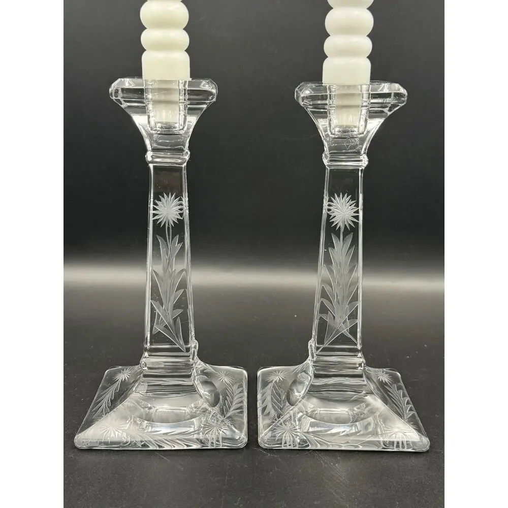 Heisey Aristocrat Hughes Cornflower Cut Glass Candlesticks Set of 2 Marked